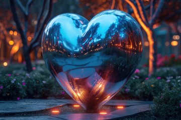 Fototapete - Neon chrome 3d heart shape on a grove background