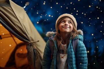 Canvas Print - Cute little girl in warm clothing and hat standing near camping tent at night