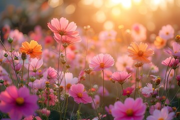 Wall Mural - stunning landscape of blooming flowers in summer meadow under bright sunlight showcasing beauty of n