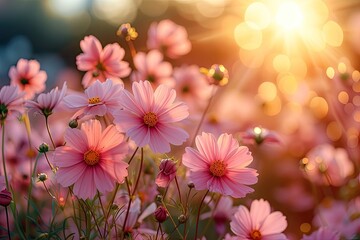 Wall Mural - stunning landscape of blooming flowers in summer meadow under bright sunlight showcasing beauty of n