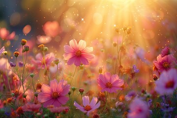 Wall Mural - stunning landscape of blooming flowers in summer meadow under bright sunlight showcasing beauty of n