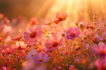 Wall Mural - stunning landscape of blooming flowers in summer meadow under bright sunlight showcasing beauty of n