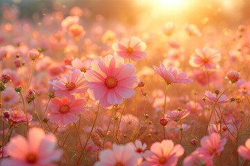 Wall Mural - stunning landscape of blooming flowers in summer meadow under bright sunlight showcasing beauty of n
