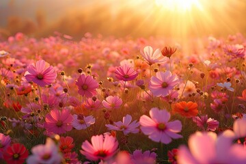 Wall Mural - stunning landscape of blooming flowers in summer meadow under bright sunlight showcasing beauty of n