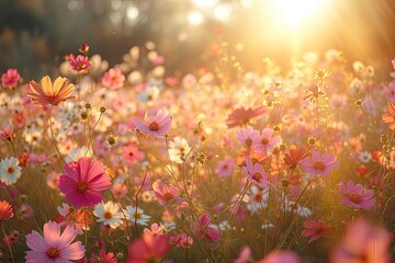Wall Mural - stunning landscape of blooming flowers in summer meadow under bright sunlight showcasing beauty of n