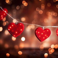 Valentine's day background with red hearts and bokeh lights