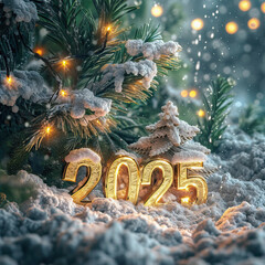 Canvas Print - Golden number 2025 stands on the snow under fir branches
