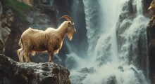 A Goat Near The Waterfall
