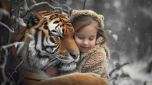 Little Girl In The Forest Hugs A Sleeping Tiger
