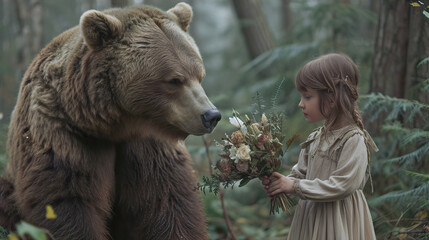 A little girl in the forest with a bouquet of flowers stands in front of a huge bear
