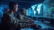 Military personnel in the control room where several monitors display various data and maps of the world. They are actively engaged in operations and are looking at the screens with focused attention.