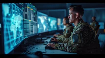 soldiers monitoring data on several computer screens in the control room. surveillance and remote operations.