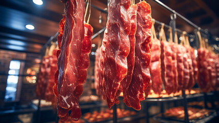Wall Mural - Smoked pork. Traditional method of smoking meat in smok in a homemade smokehouse.