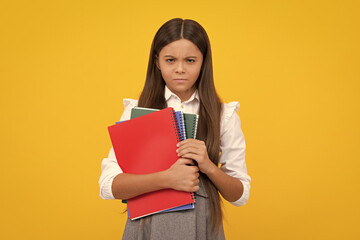 Sticker - School child with book. Learning and education. Angry teenager schoolgirl, upset and unhappy negative emotion.