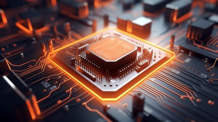 Poster - Futuristic audio technology: orange neon microchip with music symbol, data flow on motherboard - 3d illustration