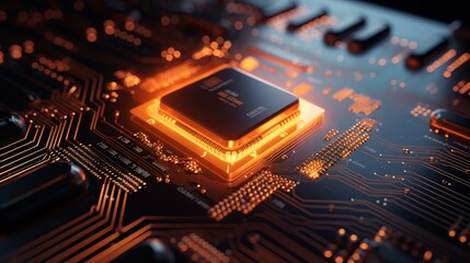Poster - Futuristic audio technology: orange neon microchip with music symbol, data flow on motherboard - 3d illustration