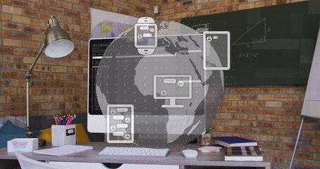 Poster - Image of ai icons and globe over computer in office