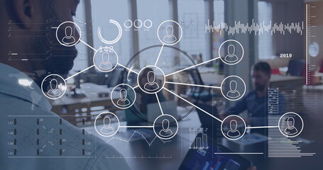 Poster - Image of connections with icons over diverse business people in office
