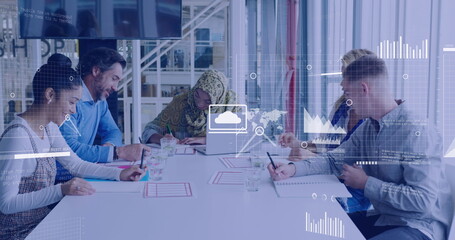Poster - Image of data processing over diverse business people in office
