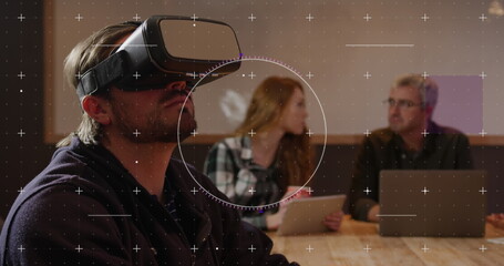 Poster - Image of binary coding data processing over diverse business people in office
