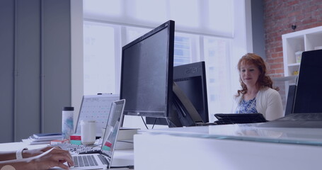 Poster - Image of connections with icons and numbers over diverse business people in office