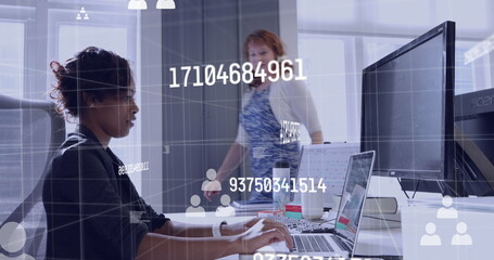 Poster - Image of connections with icons and numbers over diverse business people in office