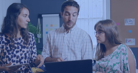 Poster - Image of scope and data processing over diverse business people in office