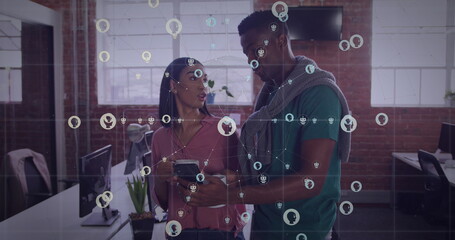 Poster - Image of ai icons and data processing over diverse business people in office