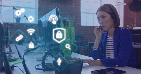 Poster - Image of data processing with digital icons over asian businesswoman in office