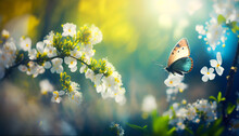 Art Beautiful Blurred Spring Background Nature With Blooming Glade, Butterfly And Blue Sky On A Sunny Day. Generative AI.