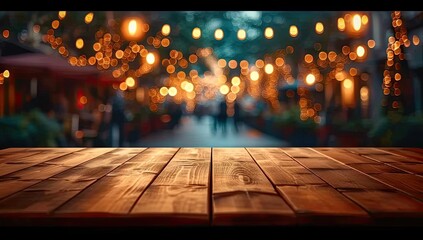 Wall Mural - rustic wooden table with festive bokeh lights in blurred background creating abstract and vintage at