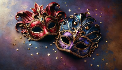 Wall Mural - two elegant masquerade masks lying on a purple flat surface