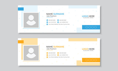 Wall Mural - Minimal email signature or email footer design template, clean minimalist signature banner design in blue and orange color accents, personal social media cover design, multipurpose editable layout