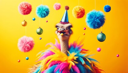 Wall Mural - a whimsical ostrich wearing a bright pink party hat adorned with colorful pom-poms