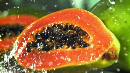 Canvas Print - Fresh tropical papaya with drops and splashes of water. Filmed on a high-speed camera at 1000 fps. High quality FullHD footage