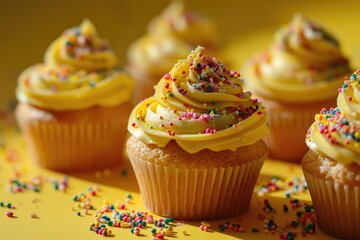 Wall Mural - Yellow vanilla cupcakes with rainbow sprinkles on yellow background.