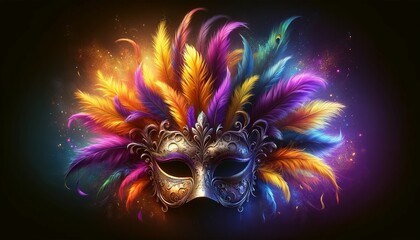 Wall Mural - a vibrant masquerade mask adorned with an array of colorful feathers, including hues of blue, purple, green, yellow, and red