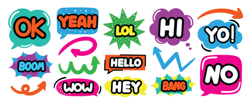 Set of doodle and speech bubble vector. Collection of contemporary figure, speech bubble with text, arrow in funky groovy style. Chat design element perfect for banner, print, sticker.