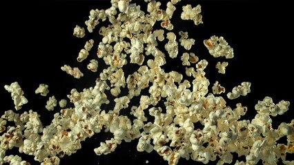 Poster - Popcorn flies up and falls down. On a black background. Filmed on a high-speed camera at 1000 fps. High quality FullHD footage