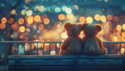 Wall Mural - A heartwarming image of a teddy bear pair sitting on a park bench, gazing at the city lights