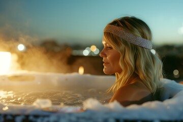 blonde woman with a headband in a steaming hot tub during a clear night