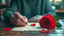 Red rose and a man's hand with a pencil writes in a notebook a love letter