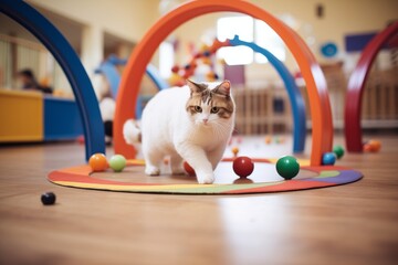 Wall Mural - cat pawing at a ball in a circular track toy