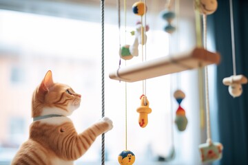 Wall Mural - curious cat examining hanging toys from a play gym