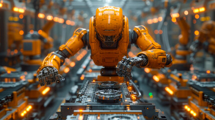 Poster - Industrial robot arms working in factory production line. Concept of artificial intelligence for industrial revolution and automation manufacturing process