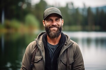 Canvas Print - Portrait of a bearded man smiling at the camera while standing by a lake.