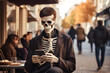 Skeleton on the street using a mobile phone and texting messages, scary and funny horror concept for Halloween or Day of the Dead
