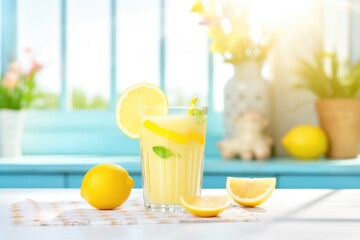 Wall Mural - bright yellow detox smoothie, lemon slice, sunny background