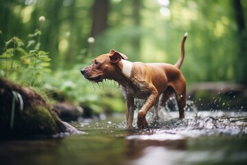 Wall Mural - dog shaking off water after a dip in a forest brook