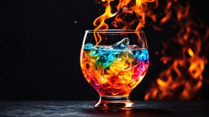 Colored cocktail on fire on a dark background, close-up